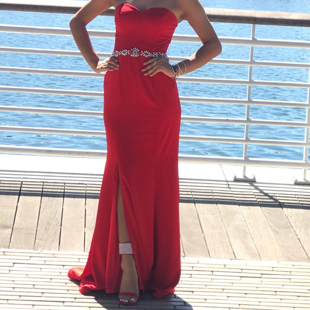 Red strapless prom dress